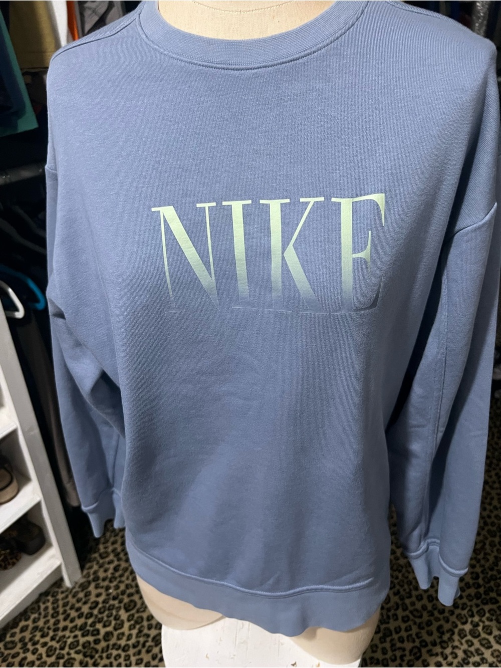 Nike Light Blue Crewneck Sweatshirt with Pale Green Gradient Logo
